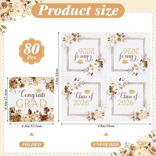 Graduation Napkins 80 Pcs - Floral Congrats Grad Party Napkins for Class of 2026