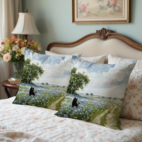 Vintage Country Black Cat Pillow Cover 18x18 - Style 4
