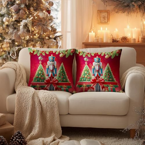 Christmas Nutcracker Soldier Pillow Covers Set of 2 | 18x18 Inch Linen Holiday Cushion for Sofa & Home Decor