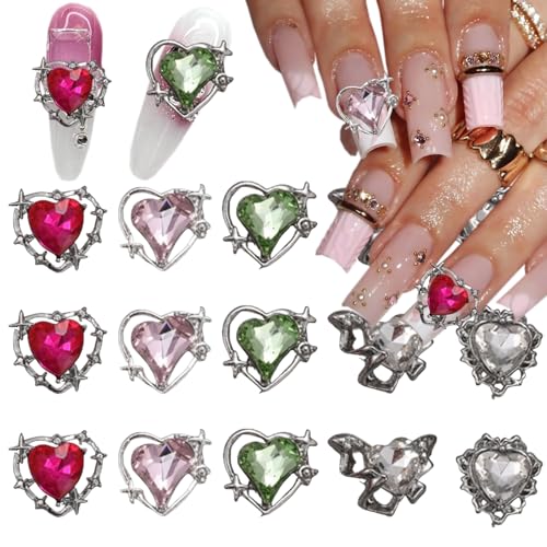 GUAACCB 15Pcs 3D Heart & Butterfly Nail Charms Silver Rhinestones