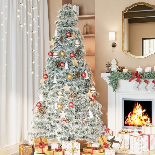 Full-Green & White 8ft 10in Pre-Lit Snow Flocked Artificial Christmas Tree with 700 Tips, Warm Incandescent Lights & Foldable Metal Base