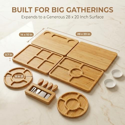 Large Modular Bamboo Charcuterie Board Set with Knives and Accessories