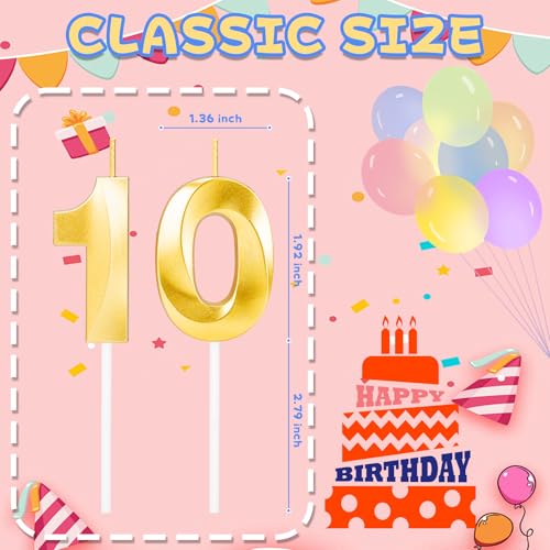 Gold Number 10 Birthday Candles - 10th Cake Topper Set