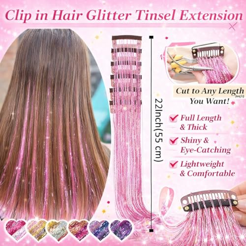 EROADE Clip-In Hair Tinsel 22-Inch 12 Pcs Rainbow Fairy Glitter Extensions