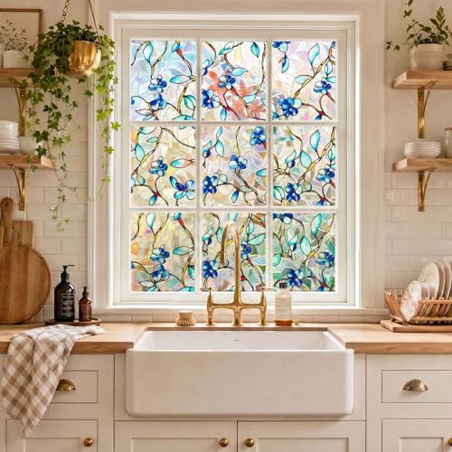 Blue Vine Floral Privacy Window Film - Stained Glass Static Cling 17.5x78.7"