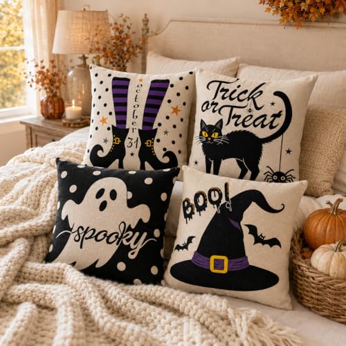 Ditother Halloween Pillow Covers 18x18 Set of 4, Purple Spooky Throw Pillows