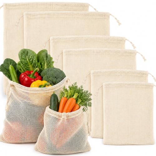 MAQIHAN Reusable Cotton Mesh Produce Bags - 6 Pack for Fruits & Veggies