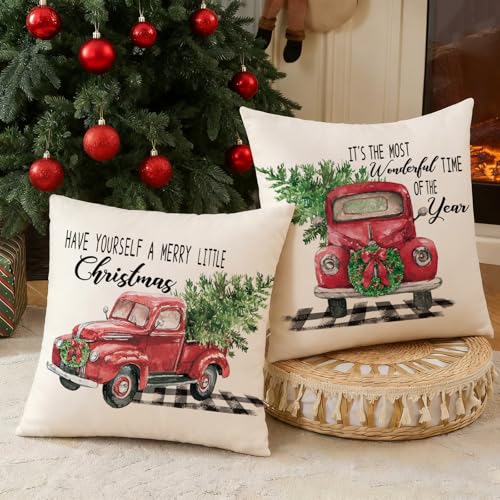 Red Truck Farmhouse Christmas Throw Pillow Covers 18x18 (Set of 2)