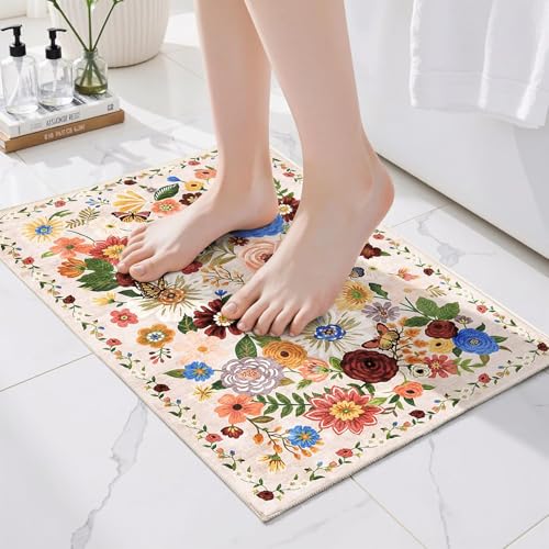 Babovid Floral Area Rug, 1'4" x 2' Blush Beige Non-Slip Washable Door Mat