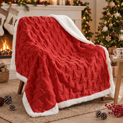 Remagr Christmas Sherpa Throw Blanket 50x60 Inches with 3D Xmas Tree - Red Variation