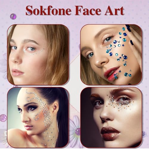 Sokfone Red Self-Adhesive Face Gems Rhinestone Stickers 3 Sheets