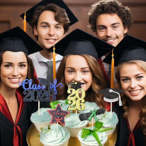 Class of 2026 Graduation Cupcake Toppers - 24PCS Black & Gold