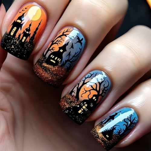 KTAABTR Halloween Short Press on Nails Horror Castle Square False Nails