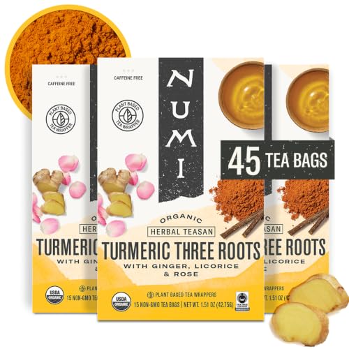 Numi Organic Three Roots Turmeric Tea, Caffeine-Free, 135 Tea Bags (3 Pack)