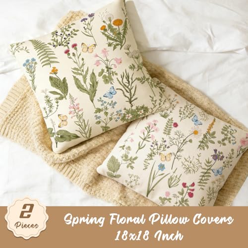 Spring Floral Pillow Covers 18x18 Pack of 2 Sage Green Farmhouse Decor