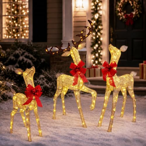 DrVIBES 3-Piece 4.3FT Gold 3D Lighted Christmas Reindeer Family Set - Outdoor Decor