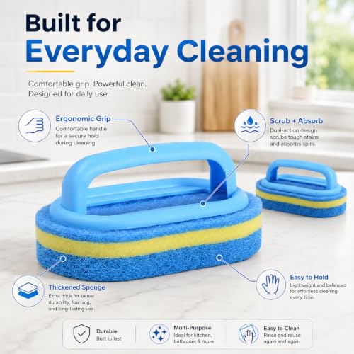 Dual-Layer Sponge Scrubbing Brush with Handle - 2 Pack