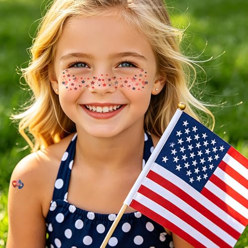Ynaquest 4th of July Face Glitter Freckles - 12 PCS Red White and Blue Patriotic Temporary Tattoos