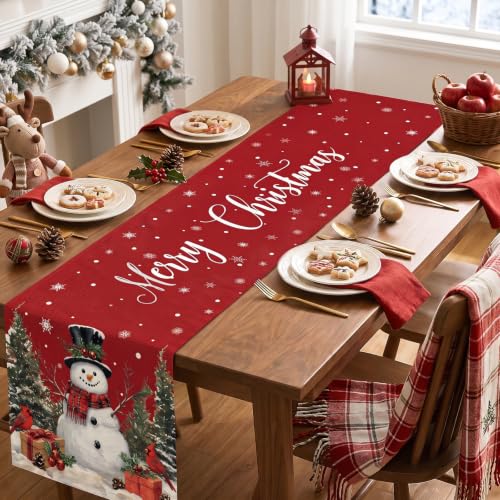 Artscope Snowman Christmas Table Runner 13x48 Inches - Red