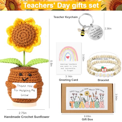 Lamyba Teacher Appreciation Gift Set with Crochet Sunflower, Bracelet & Keychain