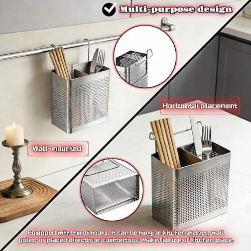 Stainless Steel Utensil Holder with Hooks - 2 Compartment Cutlery Organizer