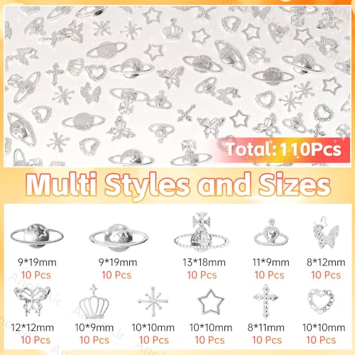110 Pcs Silver Nail Art Charms Set - Cross, Star & Butterfly Designs