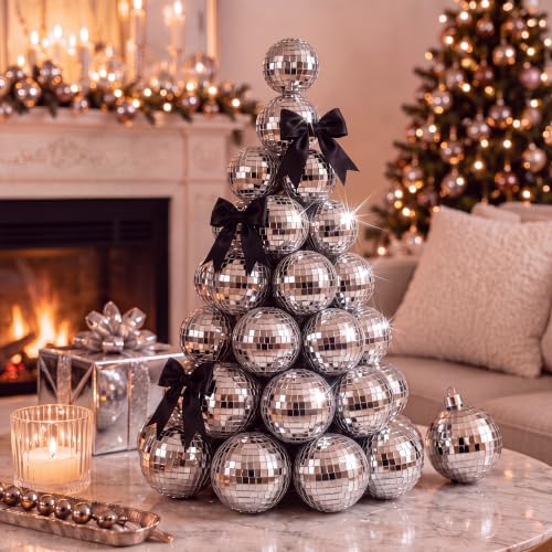 Disco Mirror Ball Christmas Tree Decorations - 11.8 Inches with Black Bow - Variation of THIS listing