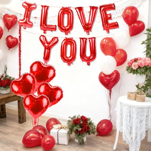 I Love You Balloons Set - 12 PCS Red Heart Foil Balloons for Valentine's Day