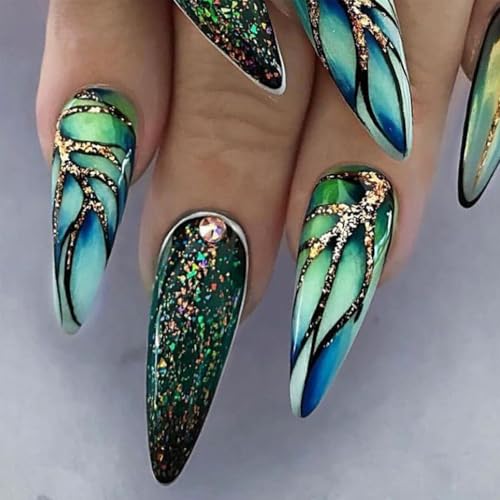 ANDGING Green Almond Press on Nails with Glitter Gold Lines and Rhinestones, 24 Pcs