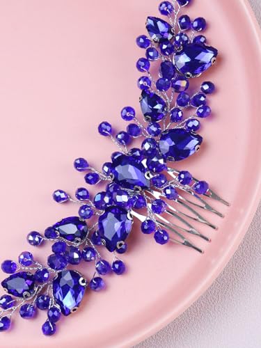 Brihasory Blue Crystal Wedding Hair Comb Rhinestone Bridal Hair Piece