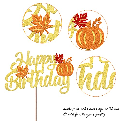 Happy Birthday Cake Topper - Glitter Pumpkin & Maple Leaf Decoration