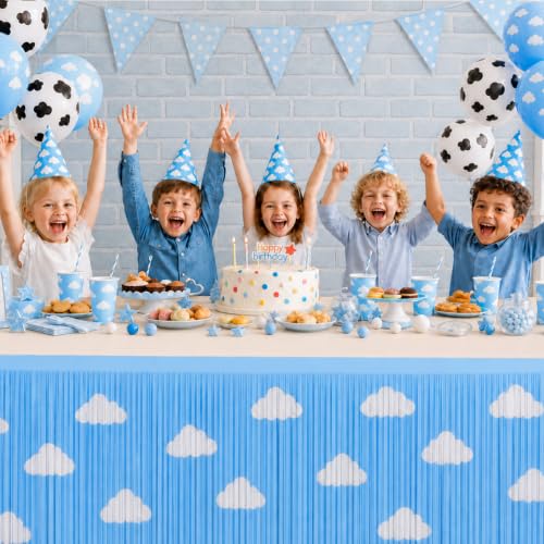 Blue Sky White Cloud Tinsel Table Skirts - 2 Pack Metallic Foil Party Decor