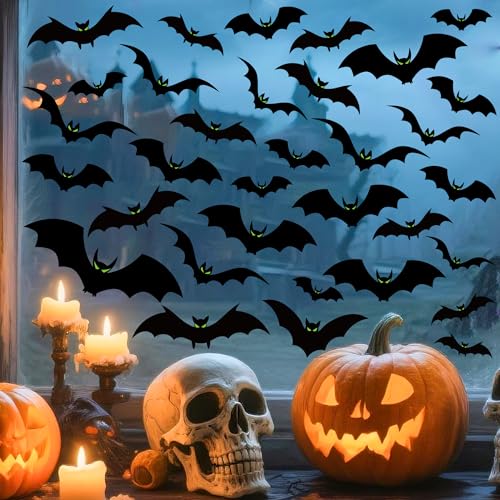 Halloween Window Clings - 6 Large Scary Bat Decals with Glow Eyes