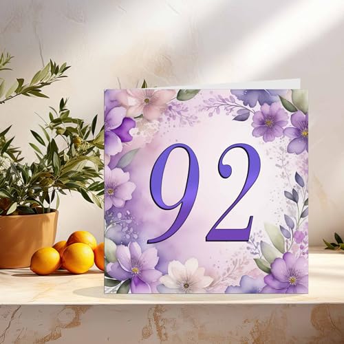92nd Birthday Card for Women Purple Floral Design with Luxury Envelope