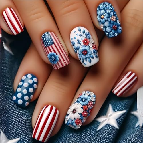 Independence Day Press on Nails Medium Square 4th of July Fake Nails 24 Pcs