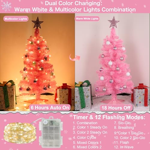 Pink 3ft Artificial Christmas Tree with 12 Modes Dual Color Lights and Ornaments - Variation Pink 2