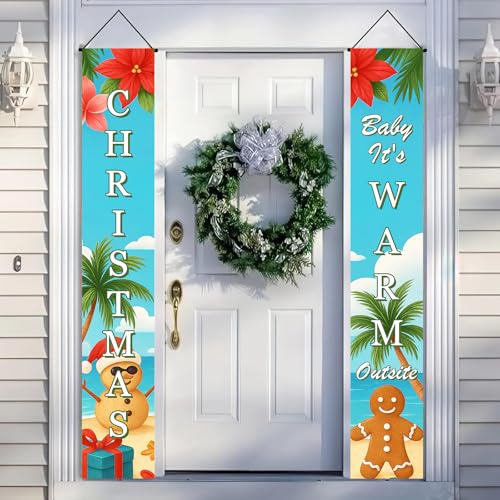Tropical Christmas Porch Banners - Beach Snowman & Gingerbread Man