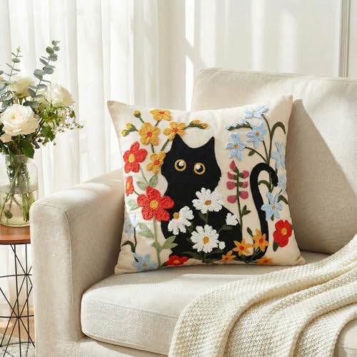 Black Cat Embroidered Throw Pillow Cover - 18" x 18" Floral Design