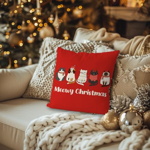 Christmas Cat Throw Pillow Cover, Red 18x18 Inch Decorative Xmas Cushion Case