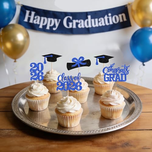 2026 Graduation Cupcake Toppers - 40 PCS Glitter Decor Picks