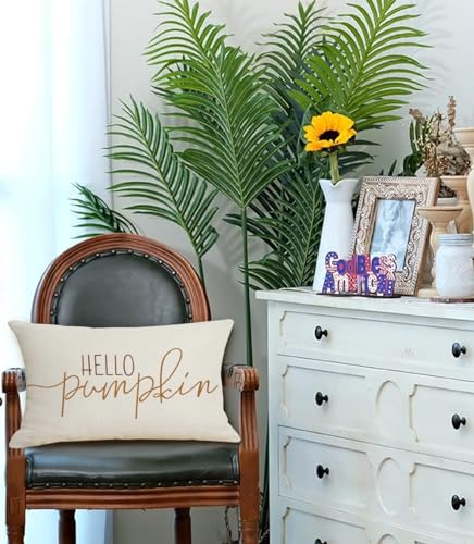 Hello Pumpkin Fall Lumbar Pillow Cover 12x20 Linen Autumn Decor