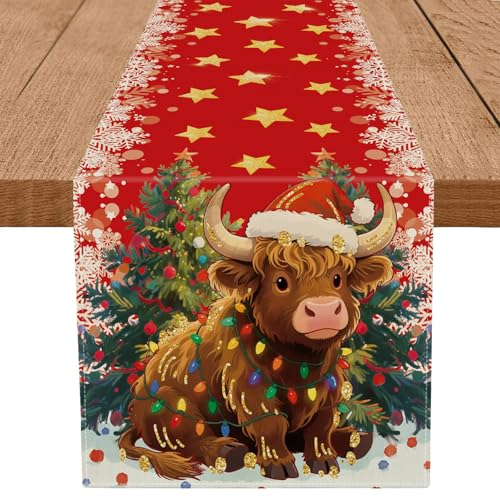 Cow Christmas Table Runner Highland Cow Seasonal Kitchen Decor 13x120 Inch