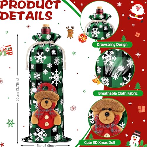 Christmas Wine Gift Bags - Buffalo Plaid Red & Green with 3D Dolls, 8 Pack