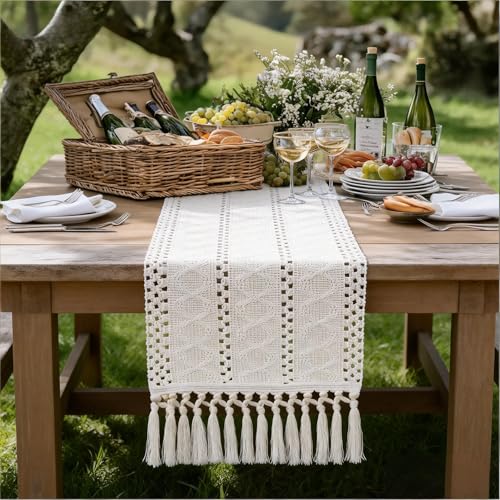 Boho Farmhouse Table Runner Fall Decor Cream 12x72 Inches - Rustic Home Accessory