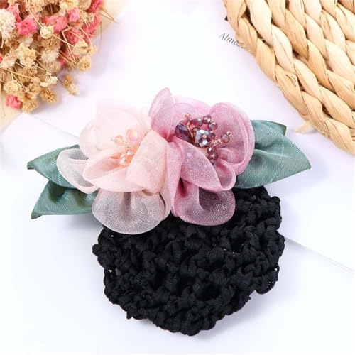 Floral Hair Bun Net with Organza Flowers & Black Crochet Mesh