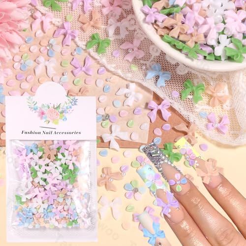 Tatiwoo 300 Pcs 3D Flower and Bow Nail Charms with Pearls and Beads