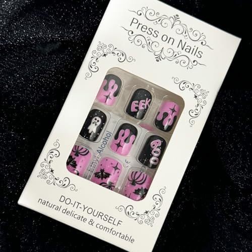 Halloween Press on Nails Square Glossy False Nails with Ghost and Spider Web Designs, 24Pcs