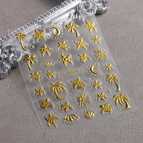 Qdsuh 5D Embossed Ocean Summer Nail Stickers Palm Tree Starfish Decals