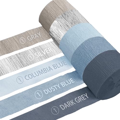 Nicrolandee Dusty Blue & Silver Crepe Paper Streamers - 5 Rolls for Bridal Shower & Party Decorations
