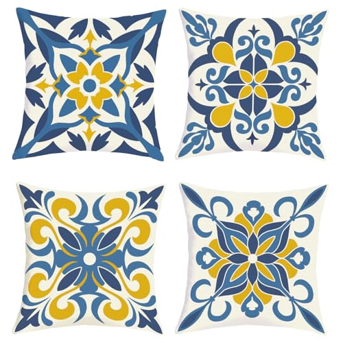 Blue Mediterranean Floral Throw Pillow Covers Set of 4 - 16"x16" (Boho-03)